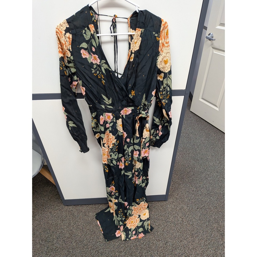 Patrons of Peace Floral Jumpsuit‎ Black Orange Pink Wrap Tie Waist Small Womens